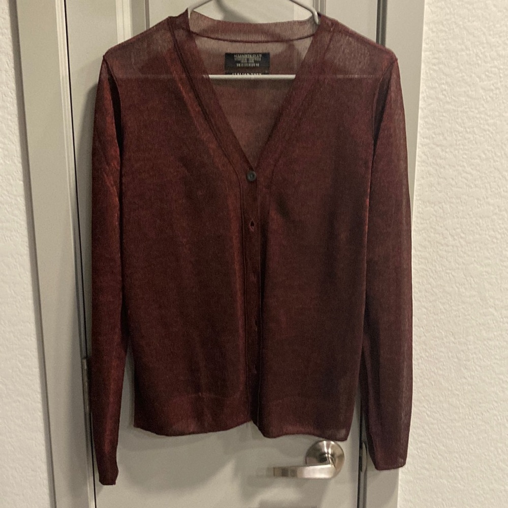All saints Italian yarn dark red burgundy sheer shimmer v-neck sweater